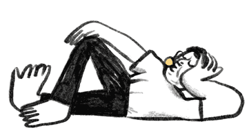 Illustrasjon av en person som ligger og blåser en boble med tyggegummi.