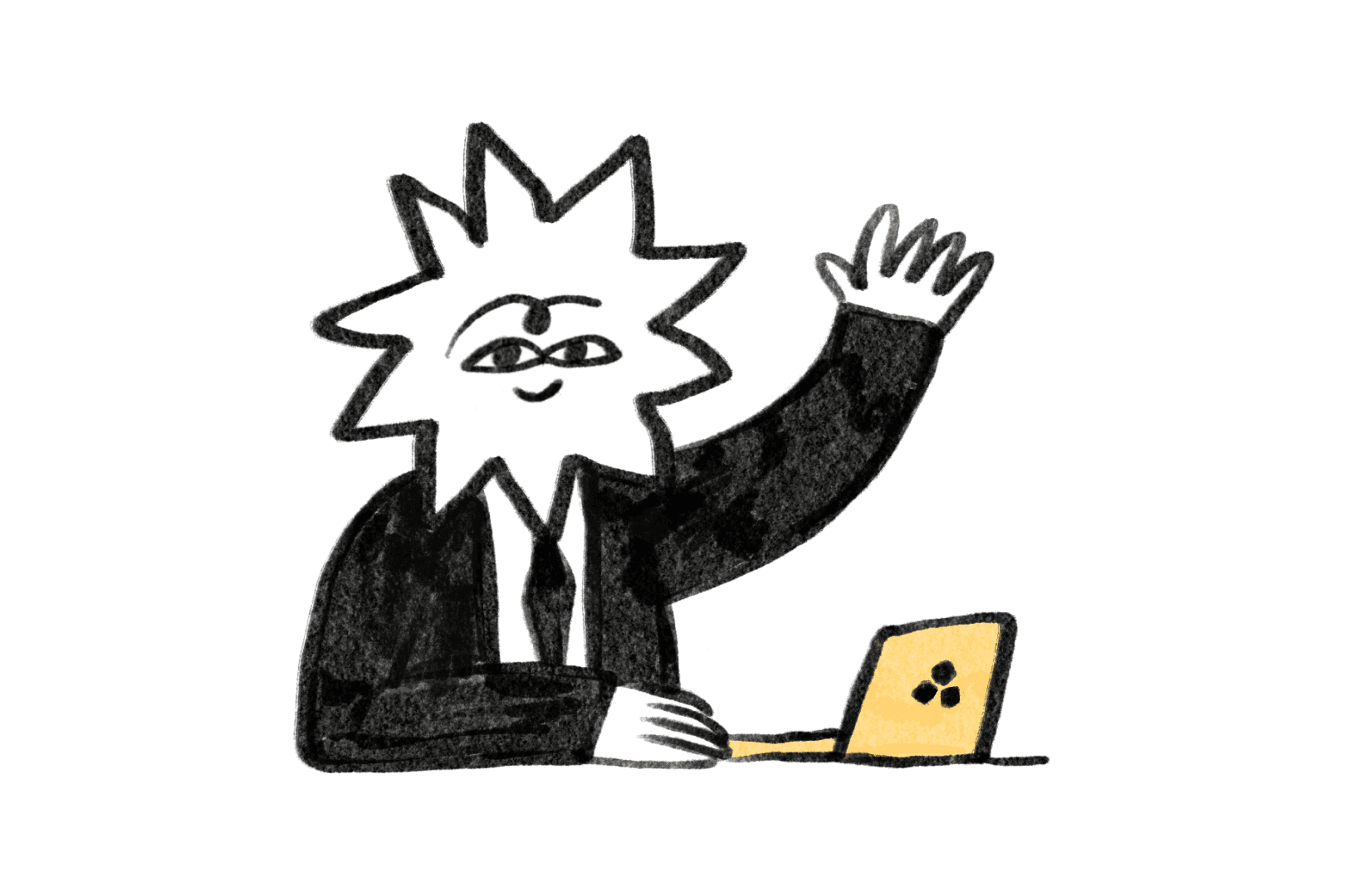 Illustration einer Figur mit sternförmigem Kopf am Laptop