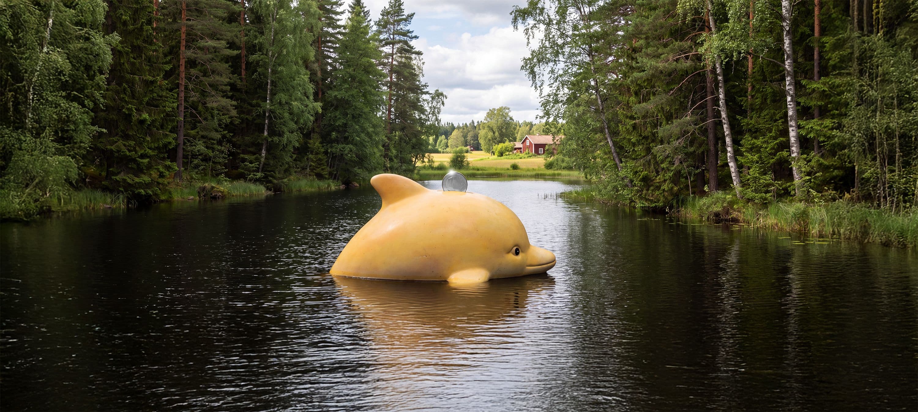 Delfin vid en sjö i panoramaformat