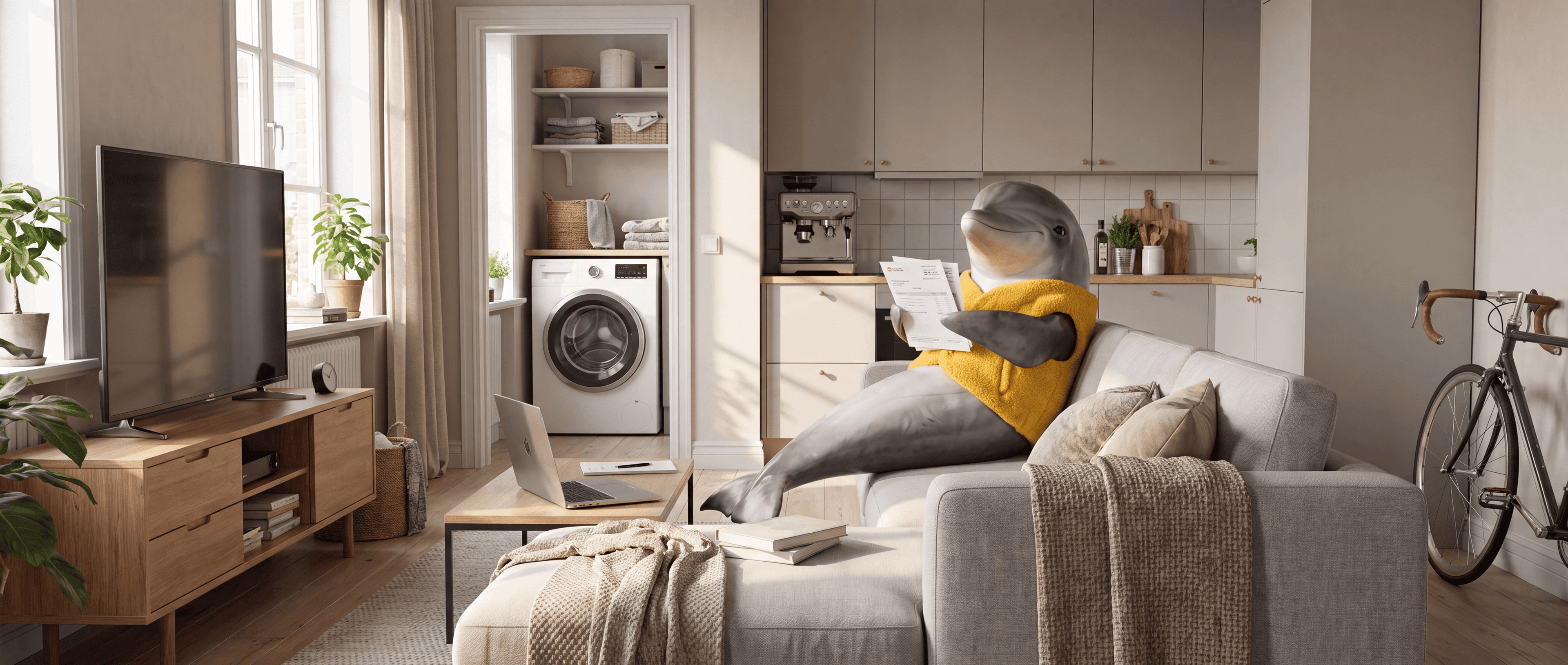 Delfin som tar ett bubbelbad i ett badrum under renovering