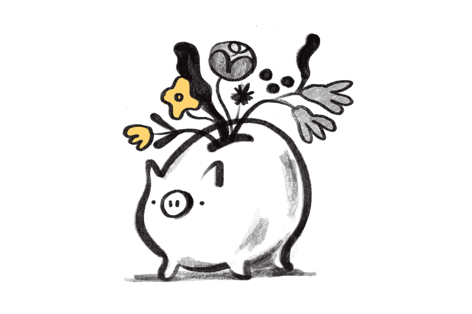 Illustration eines Sparschweins mit Blumen.