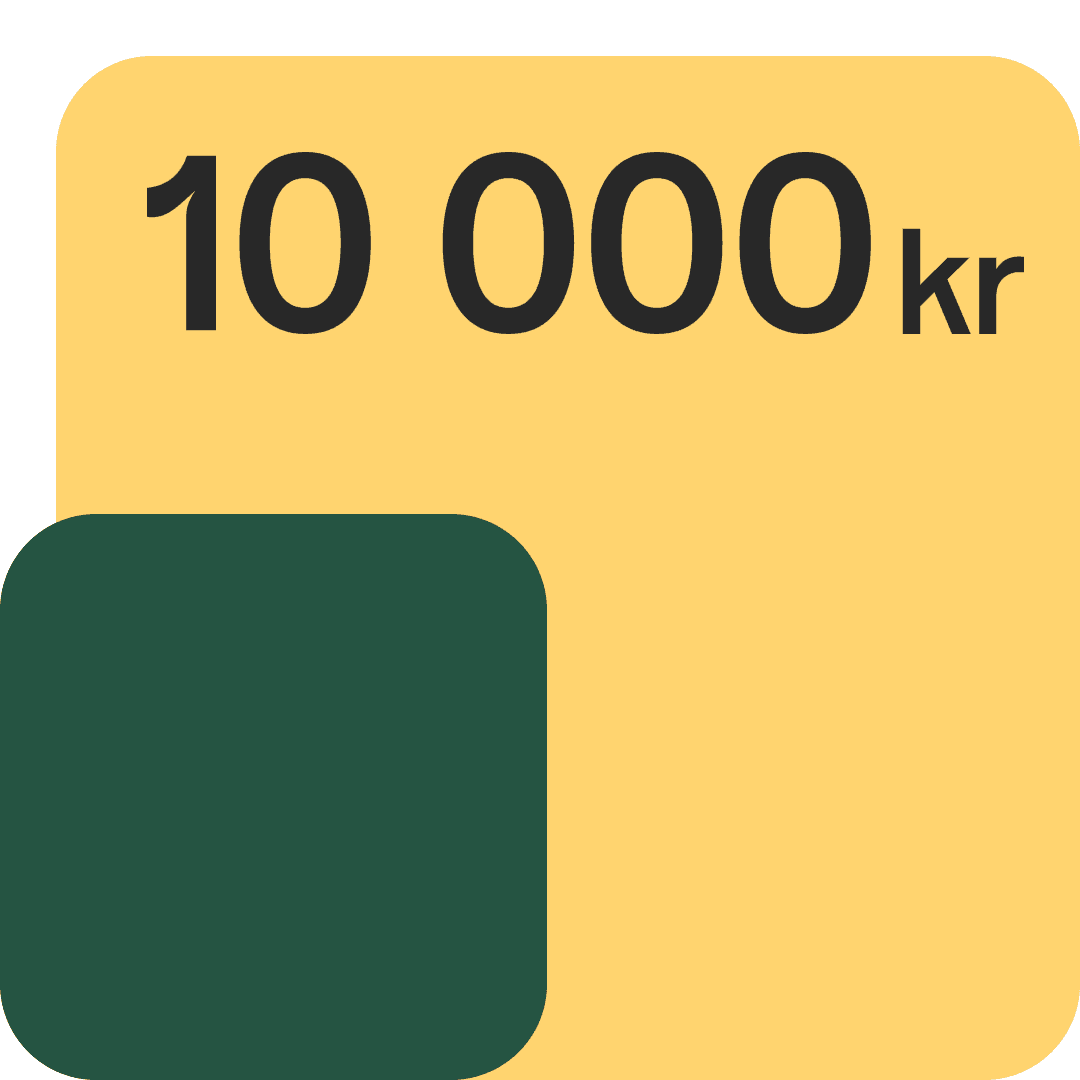 et gult kvadrat med teksten "10 000 kr" og et grønt kvadrat uten tekst