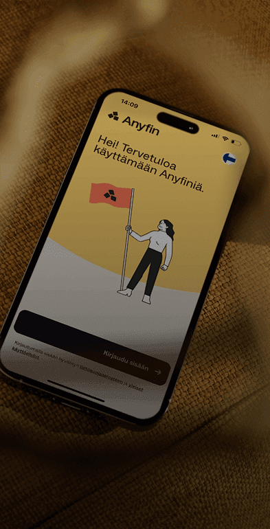 Kuva matkapuhelimesta, jossa on Anyfin-sovellus