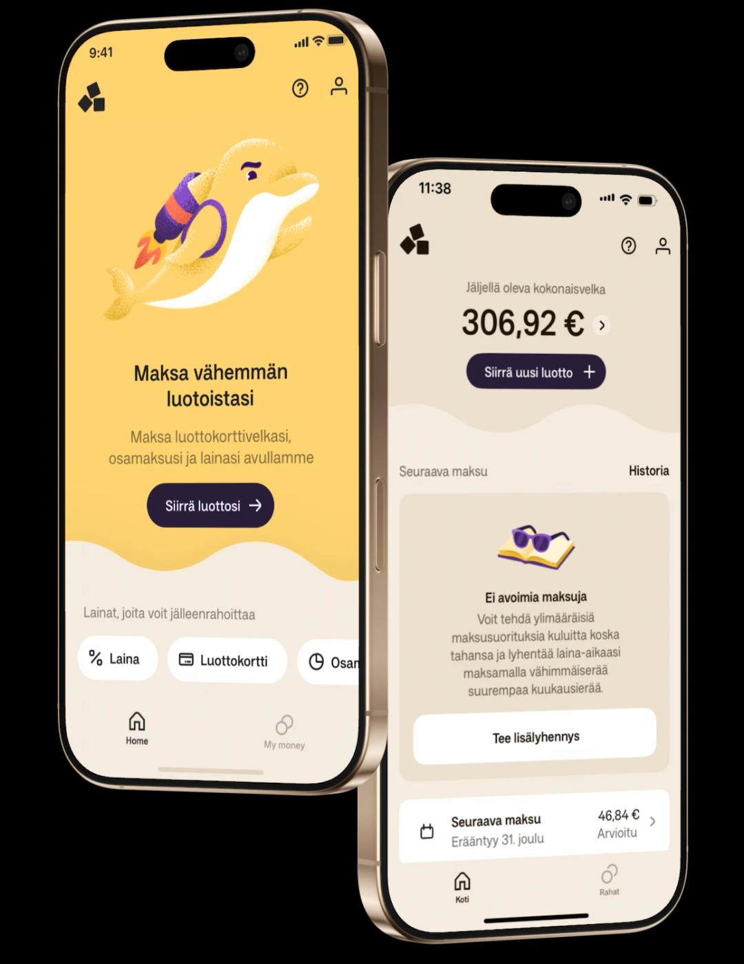 Kaksi puhelinta, jotka näyttävät eri sivuja Anyfin-sovelluksesta.