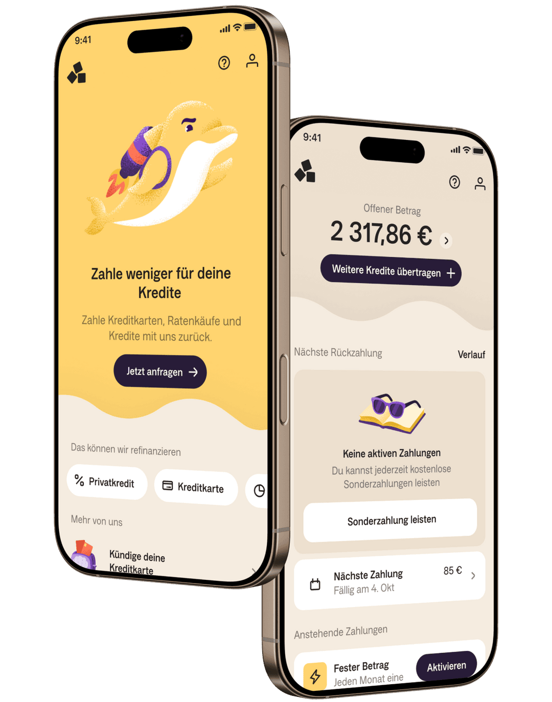 Zwei Mobiltelefone mit der Anyfin-App
