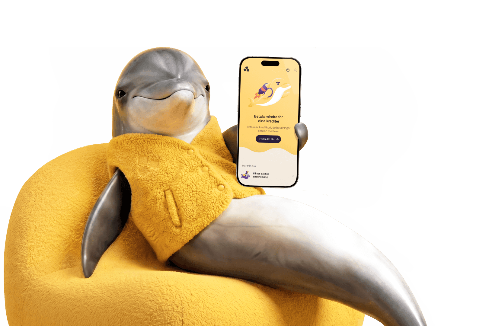 En delfin som håller upp en mobil och visar Anyfin-appen.