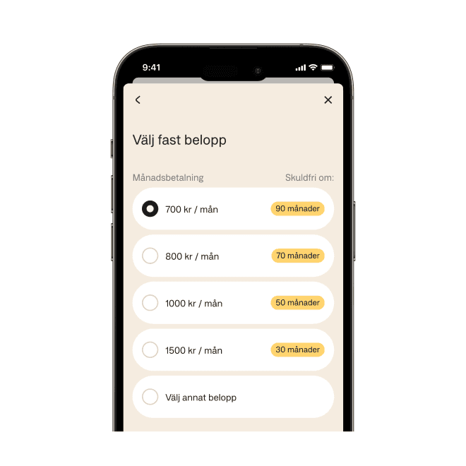 Appskärm som visar hur du väljer avbetalningsbelopp