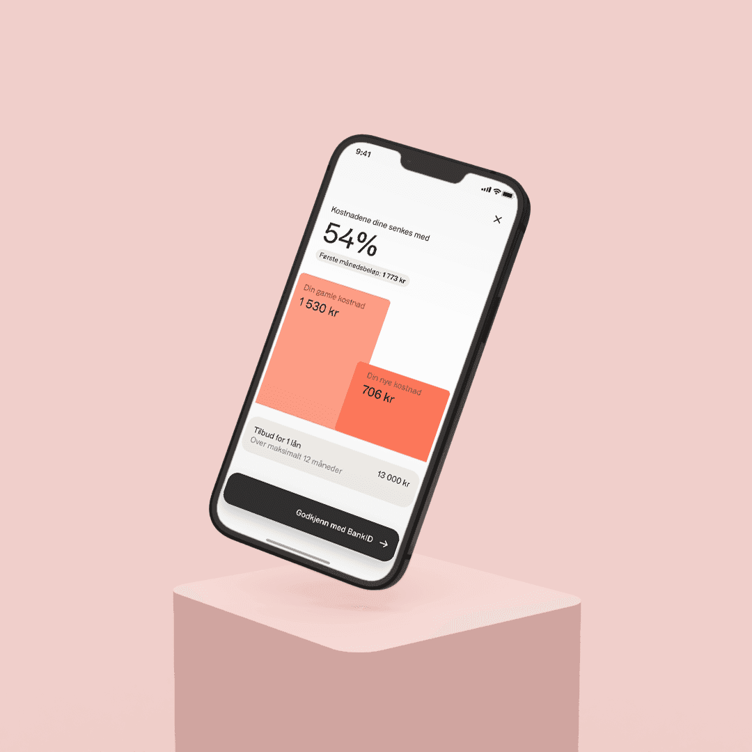 tilbudsskjerm i anyfin-appen på en rosa bakgrunn