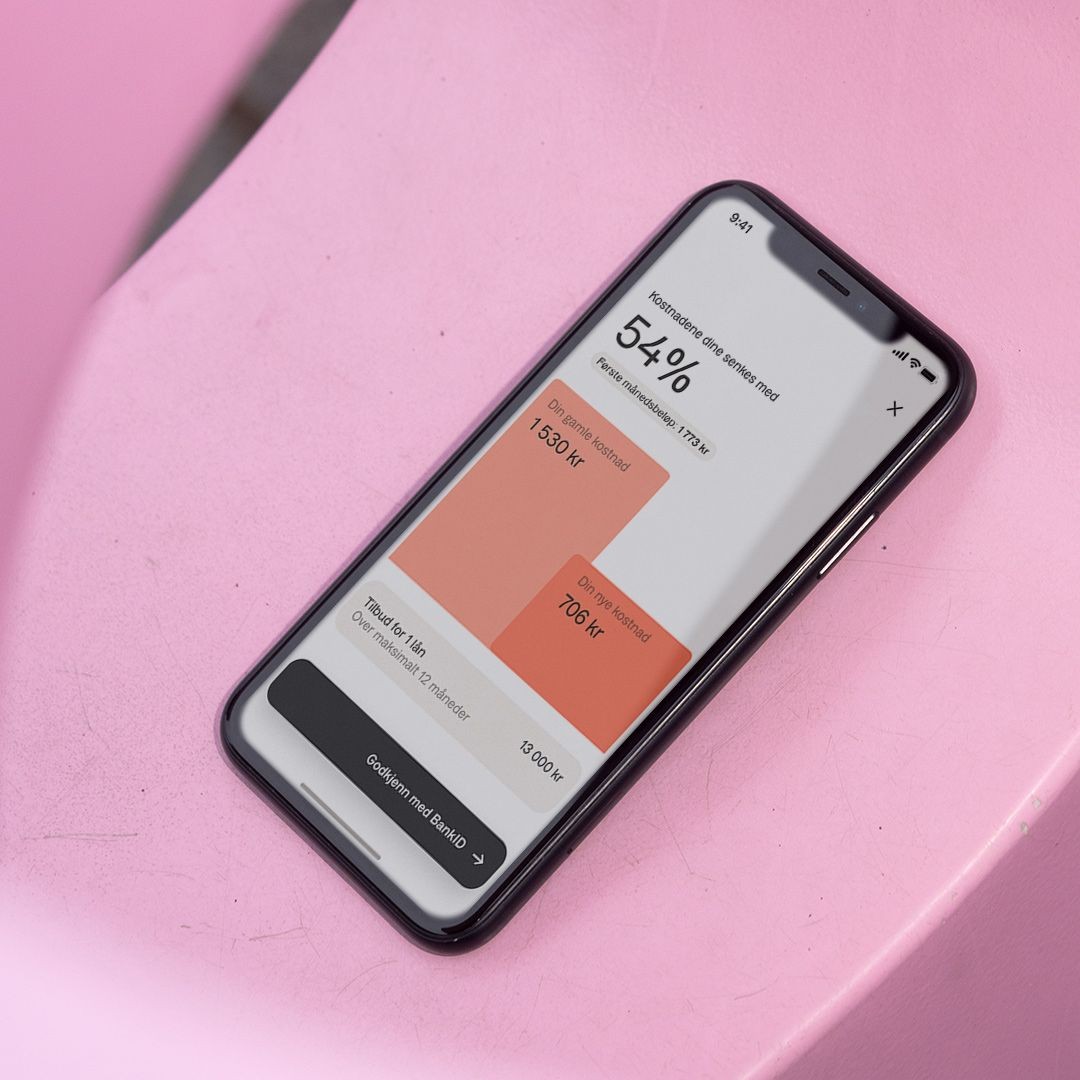 tilbudsskjerm i anyfin-appen på en rosa bakgrunn