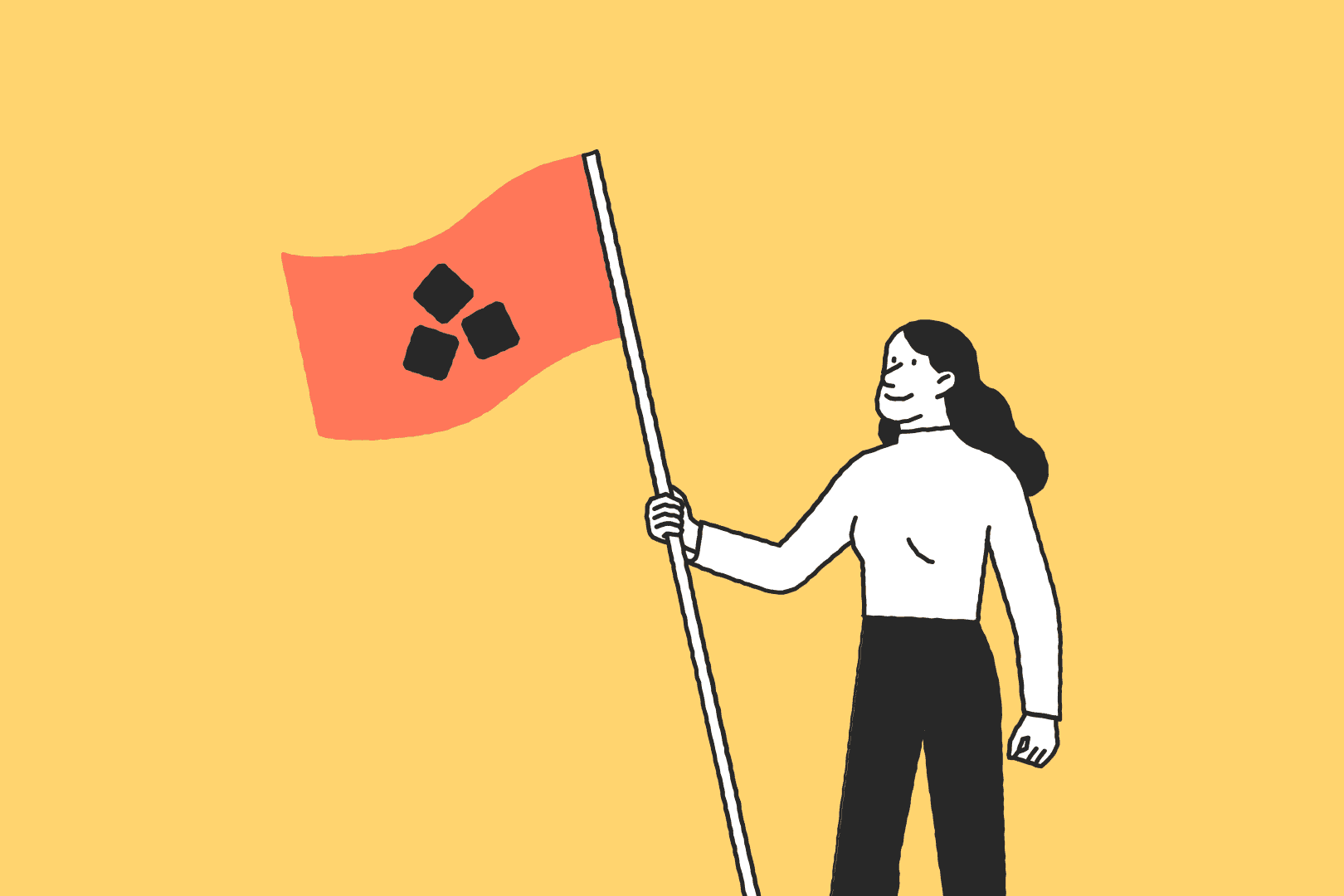 En illustration av en kvinna som håller i en flagga med Anyfins logga.