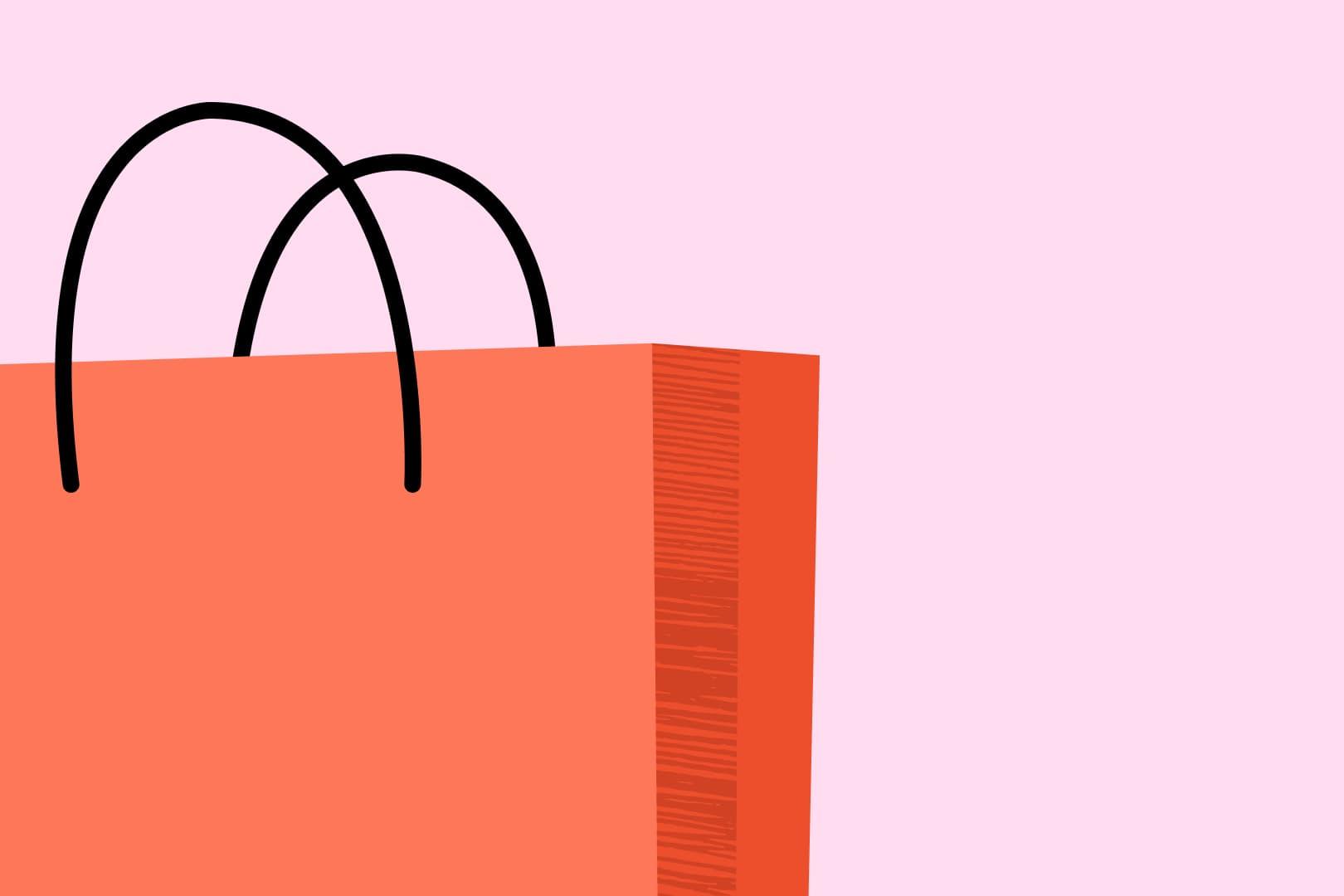 vaaleanpunaisella taustalla oleva illustraatiokuva, jossa on punainen ostoskassi