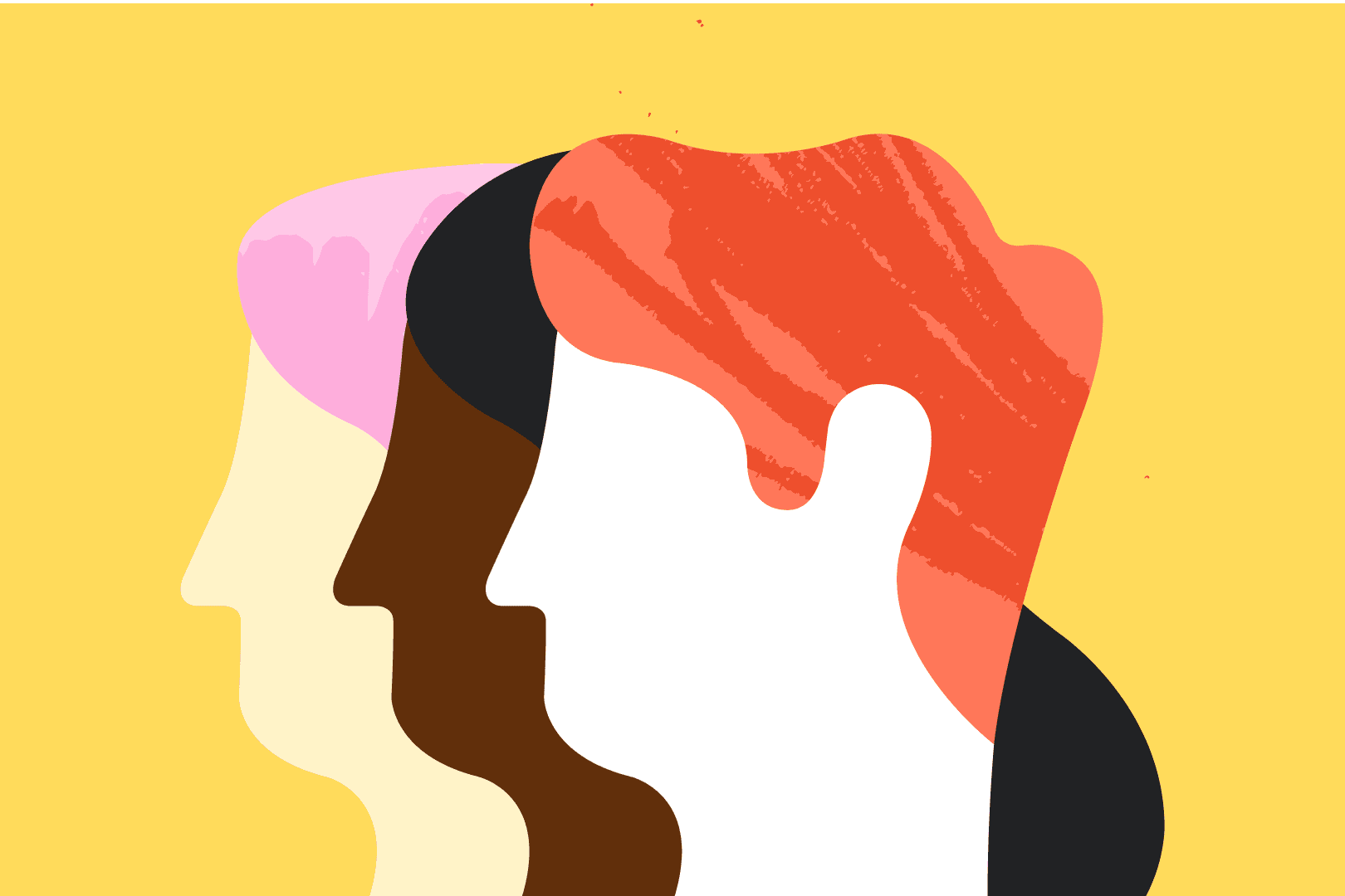 En illustration av tre personer med olika hårfärg på en gul bakgrund. 