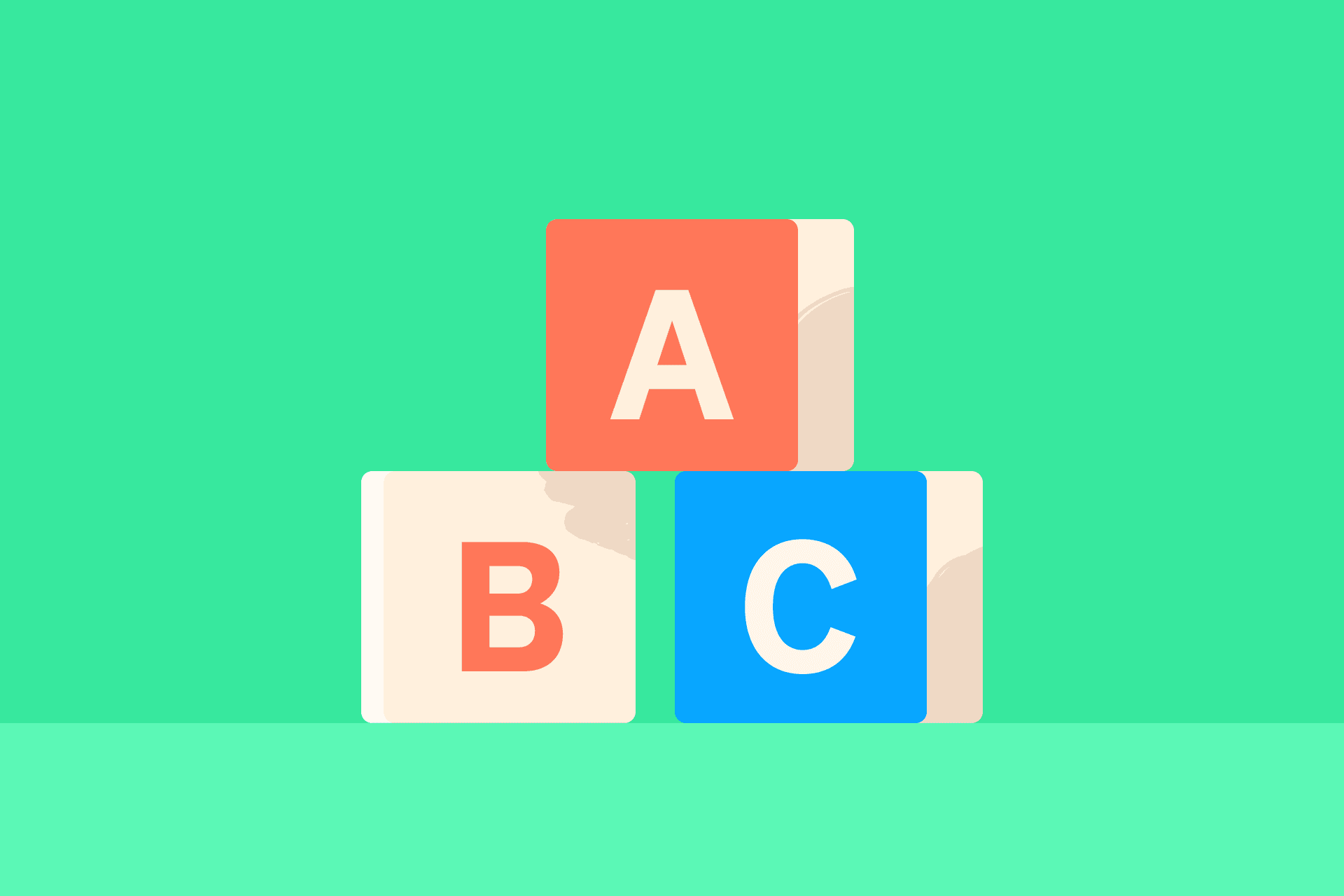 En illustration av tre klossar med bokstäverna A, B och C.
