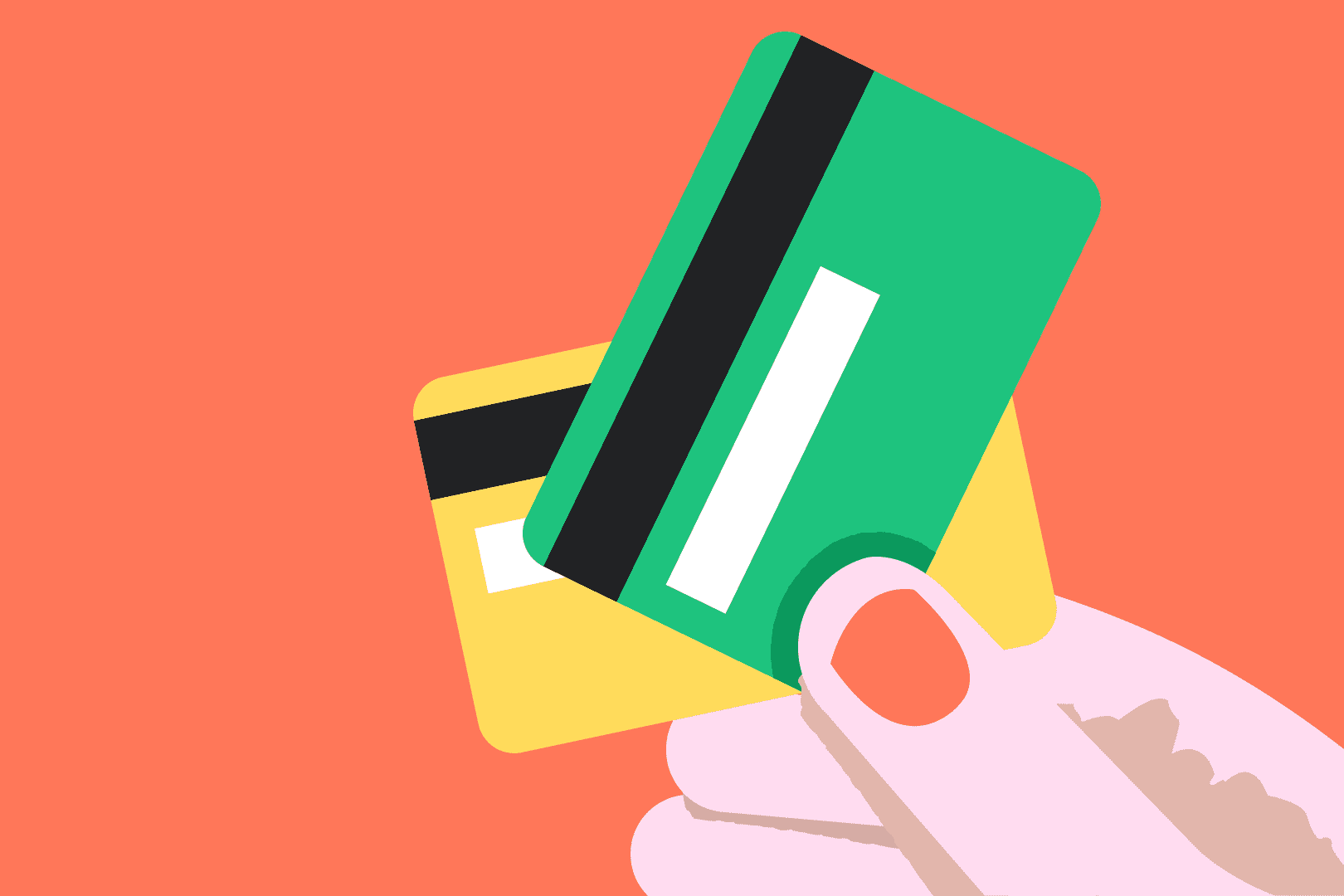 hånd som holder et gult og et grønt kredittkort