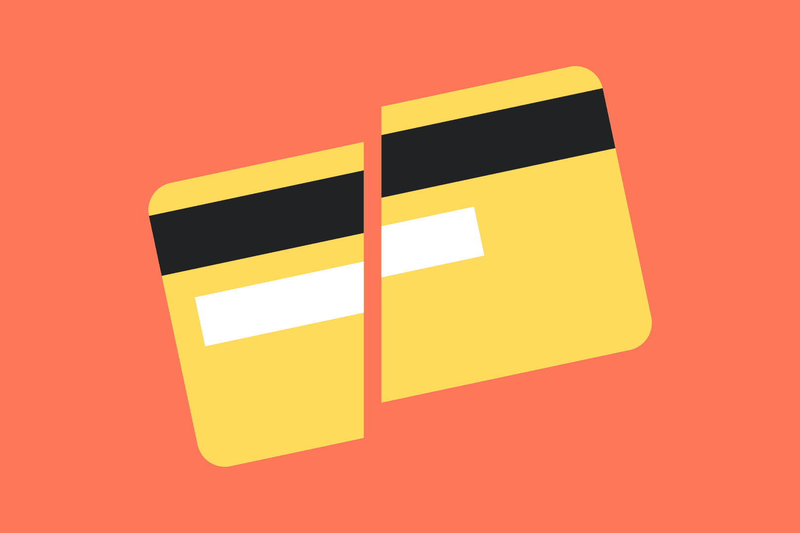 Oranssilla taustalla oleva illustraatio-kuva, jossa on keltainen maksukortti, joka on halkaistu kahtia.