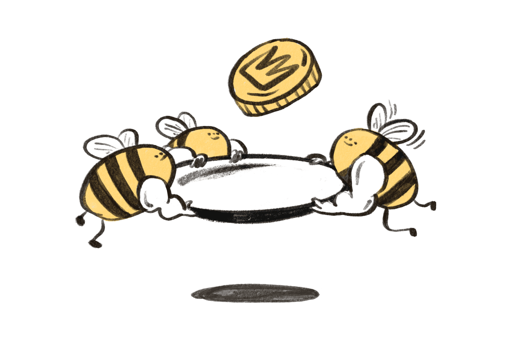 En illustration av tre bin som skyddar en guldpeng.