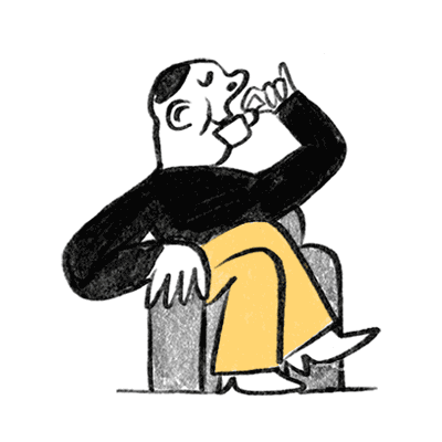 Illustration einer Person, die in einem Sessel sitzt und Tee trinkt.