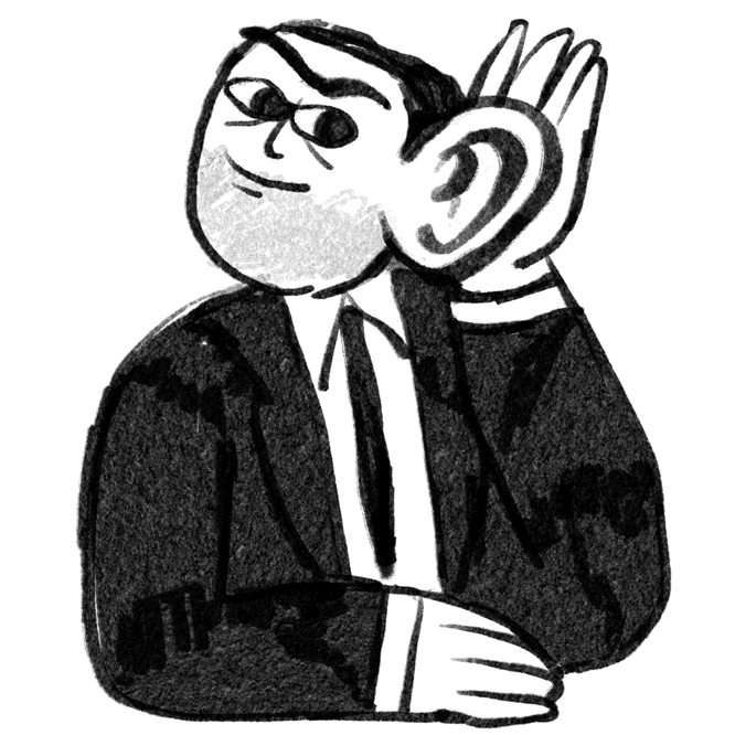 Illustrasjon av en person som holder hånden bak øret for å lytte.