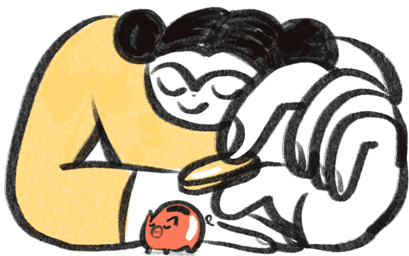 Illustration of a person putting a coin in a piggy bank. 