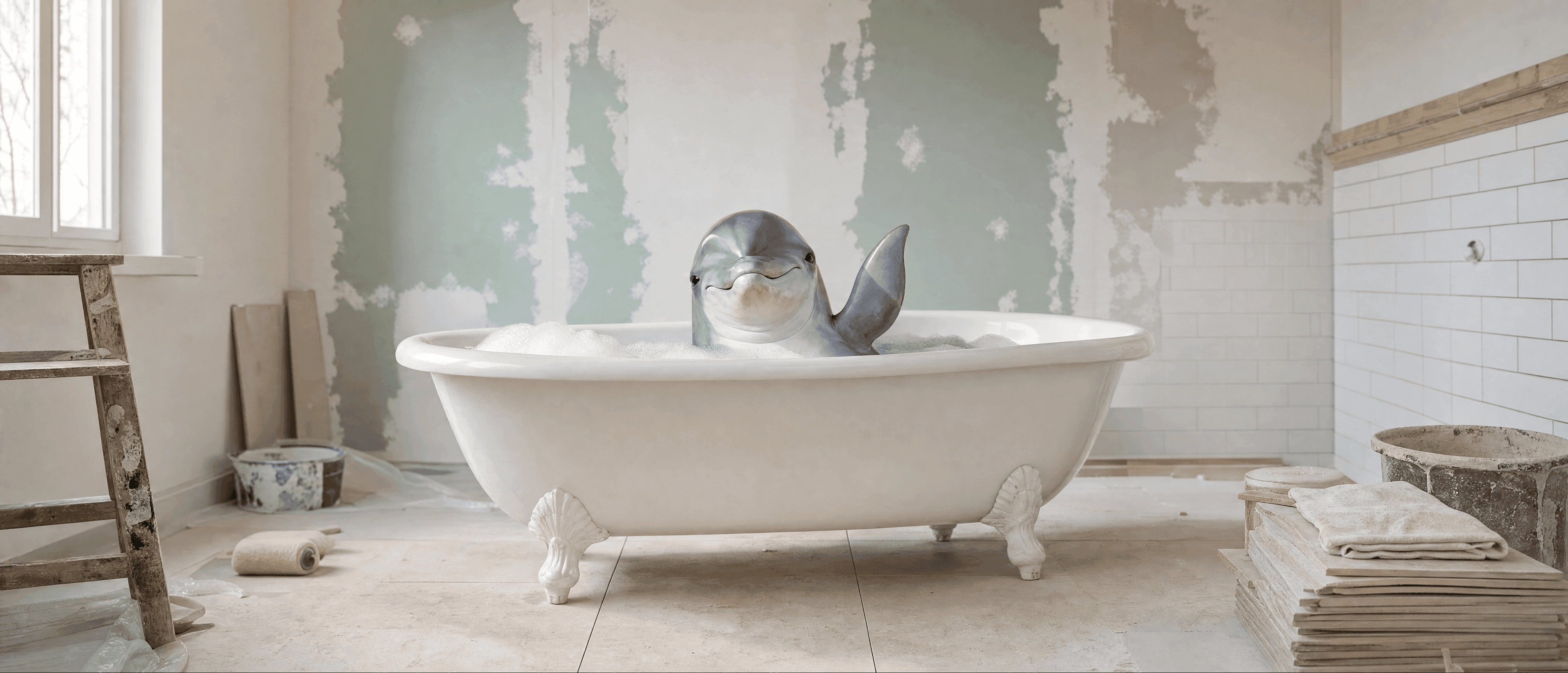 Delfin som tar ett bubbelbad i ett badrum under renovering