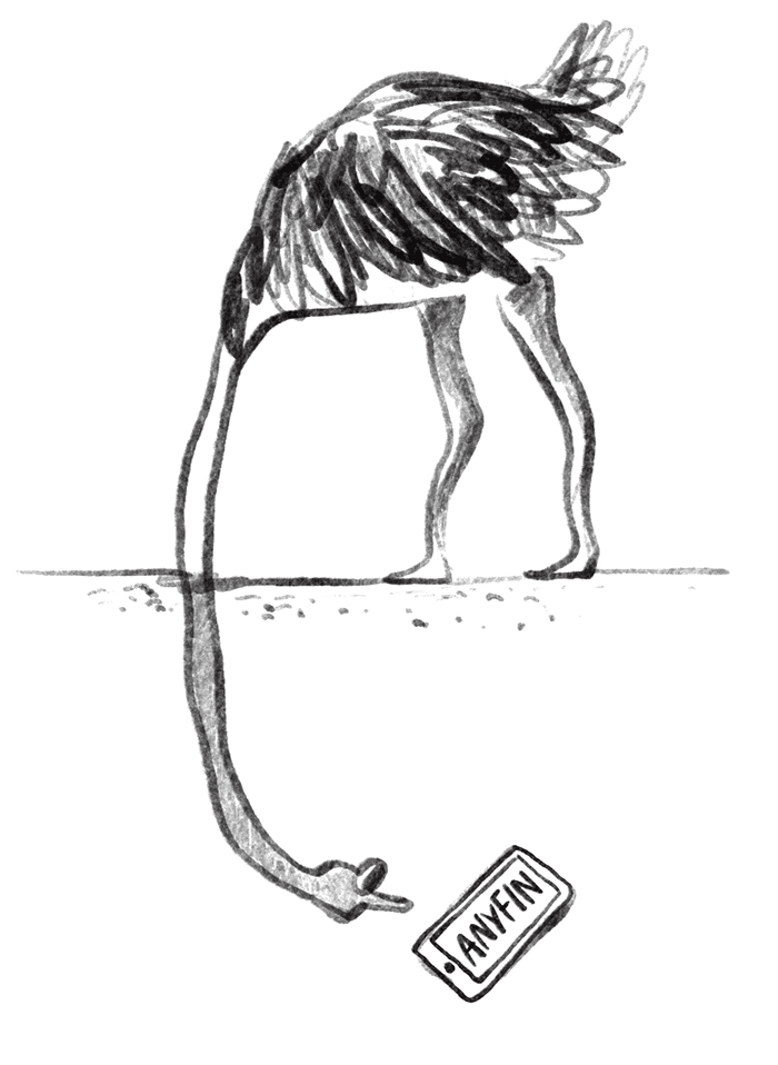 En illustrasjon av en strutse som graver hodet sitt ned i sanden, samtidig som den ser på en telefon. 
