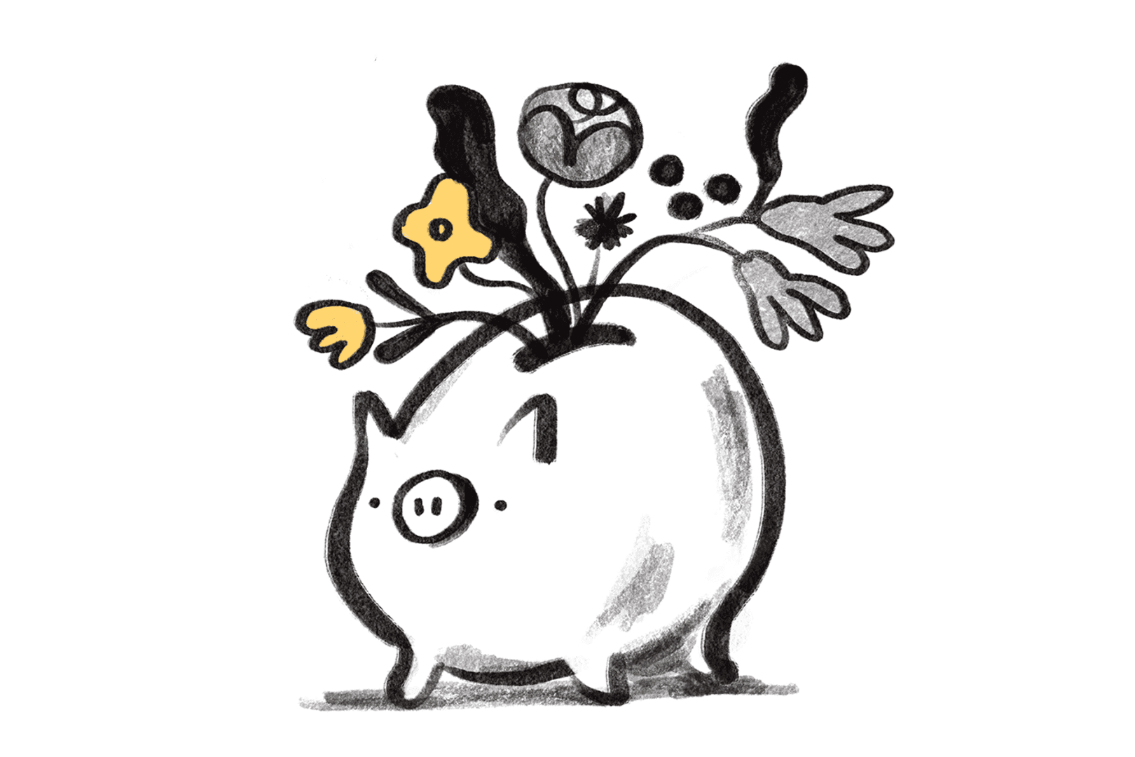 Illustration eines Glücksschweins, dem Blumen aus dem Rücken wachsen
